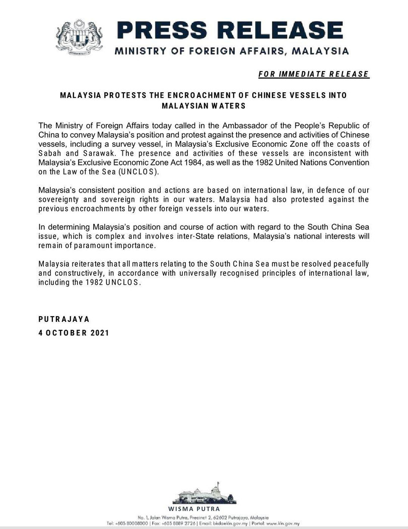 Thông cáo phản đối tàu Trung Quốc xâm phạm vùng đặc quyền kinh tế Malaysia của Bộ Ngoại giao nước này (Ảnh: ETtoday).