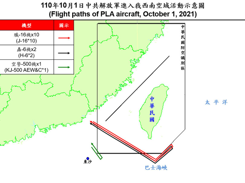 Sơ đồ hoạt động đợt thứ hai. Các máy bay quân sự Trung Quốc bay đến vùng biển Đông Nam Đài Loan (Ảnh: Dwnews).