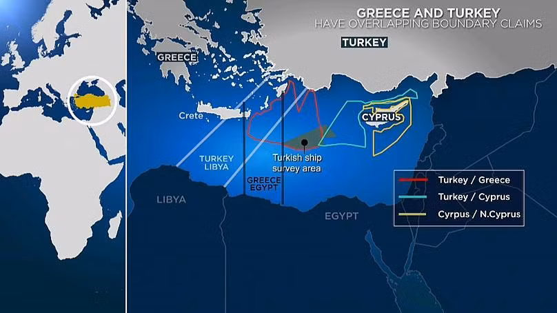 Các khu vực tranh chấp trên Địa Trung Hải giữa Thổ Nhĩ Kỳ với Hy Lạp và Sip (Ảnh: AFP).