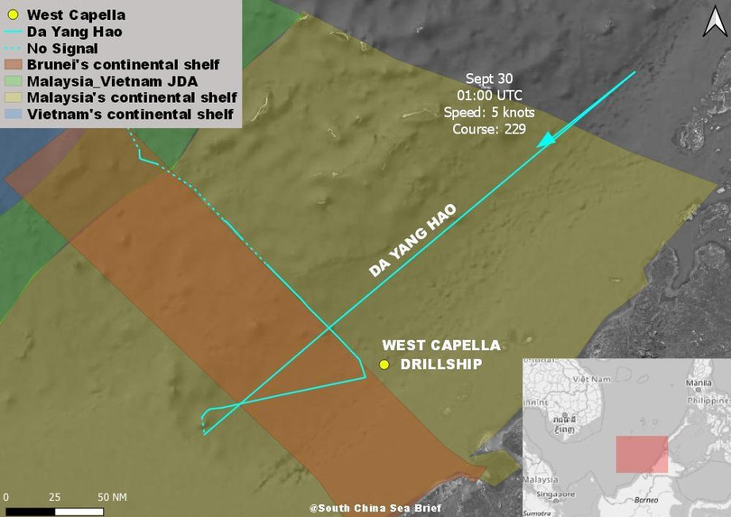 Sơ đồ hoạt động của tàu Đại Dương trong vùng đặc quyền kinh tế Malaysia (Ảnh: SCSB).