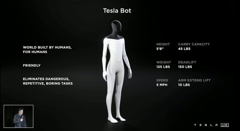 Elon Musk công bố mẫu robot hình người Tesla Bot. Ảnh: Tesla Inc