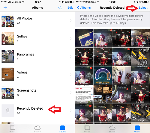 Xóa thư mục Recently Deleted để giải phóng dung lượng iPhone.