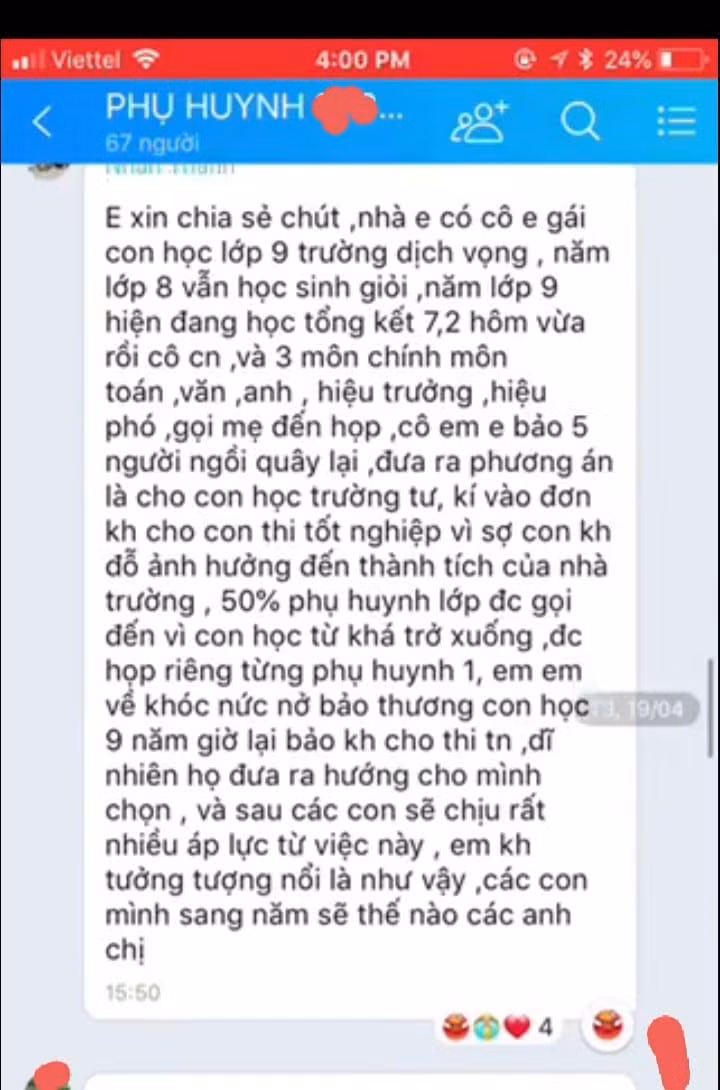 Một ảnh từ đoạn chat của nhóm phụ huynh