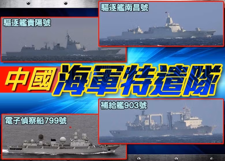 Biên đội đặc nhiệm hải quân Trung Quốc đi vào vùng đặc quyền kinh tế Mỹ gồm các tàu (phải qua trái, trên xuống dưới): Type 055 Nam Xương, Type 052D Quý Dươnng, tiếp tế hậu cần 903, trinh sát điện tử 799 (Ảnh: Đông Phương).