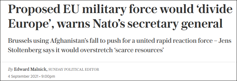Tờ Daily Telegraph hôm 4/9 : Tổng thư ký NATO cảnh báo nếu EU thành lập lực lượng quân sự riêng sẽ gây chia rẽ châu Âu. Tờ Daily Telegraph hôm 4/9 : Tổng thư ký NATO cảnh báo nếu EU thành lập lực lượng quân sự riêng sẽ gây chia rẽ châu Âu.