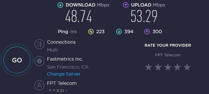Thử nghiệm tốc độ kết nối Internet từ Việt Nam đến máy chủ đặt tại Mỹ cho thấy kết quả tốt vào giờ cao điểm (Ảnh chụp màn hình). Thử nghiệm tốc độ kết nối Internet từ Việt Nam đến máy chủ đặt tại Mỹ cho thấy kết quả tốt vào giờ cao điểm (Ảnh chụp màn hình).