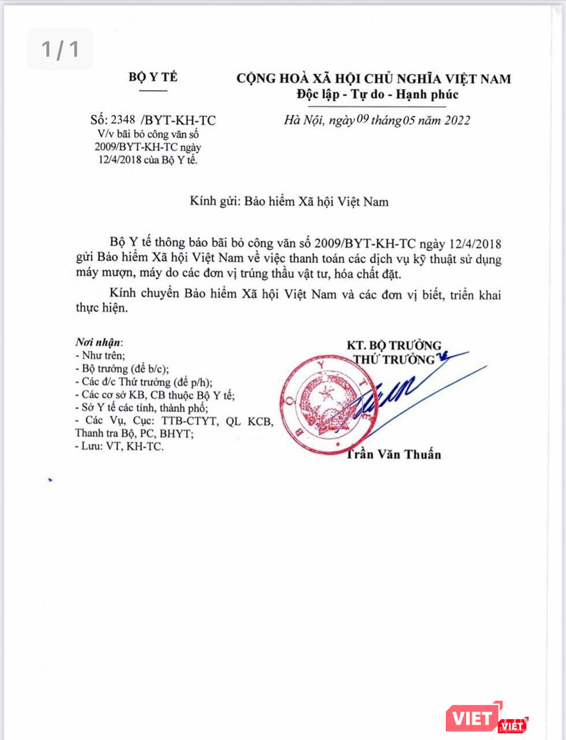 Công văn của Bộ Y tế bãi bỏ công văn 2009 về thanh toán các dịch vụ kỹ thuật sử dụng máy mượn.