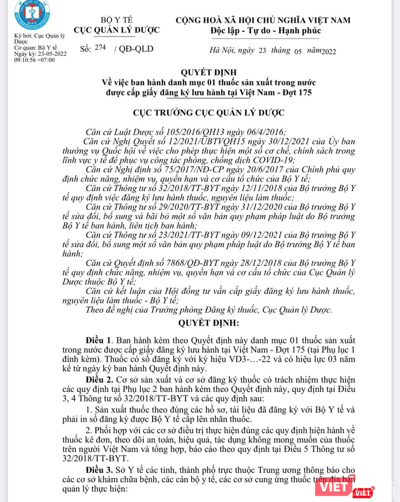 Quyết định cấp phép thuốc Molnupiravir điều trị COVID-19 do Cục trưởng Cục Quản lý Dược Vũ Tuấn Cường ký