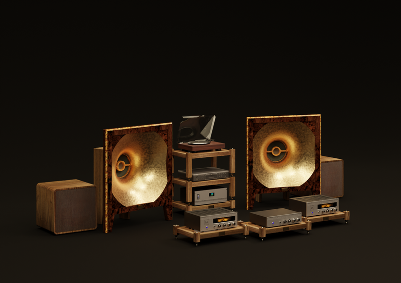 Đôi loa kèn dát vàng được phối ghép với loa sub trầm để tạo nên sự hài hòa tổng thể của bản nhạc. Sự kết hợp giữa 2 dòng loa này hướng tới đáp ứng tái tạo tốt nhất được hầu hết các dòng nhạc.