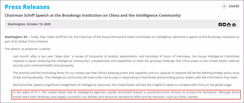 Trang web của Ủy ban Tình báo Hạ nghị viện đăng ý kiến của ông Schiff: các cơ quan tình báo cần chuyển trọng tâm công tác từ chống khủng bố sang đối phó Trung Quốc (Ảnh: Guancha). Trang web của Ủy ban Tình báo Hạ nghị viện đăng ý kiến của ông Schiff: các cơ quan tình báo cần chuyển trọng tâm công tác từ chống khủng bố sang đối phó Trung Quốc (Ảnh: Guancha).
