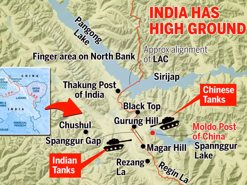 Tình hình đối đầu căng thẳng giữa quân đội hai bên ở phía nam hồ Pangong (Ảnh: The Times of India）.