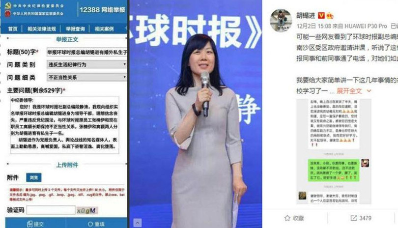 Bà Đoàn Tĩnh Đào, Phó TBT Thời báo Hoàn cầu với bản tố cáo ông Hồ Tích Tiến (trái) và bản thanh minh của ông trên Weibo (phải). (Ảnh: vct.new)