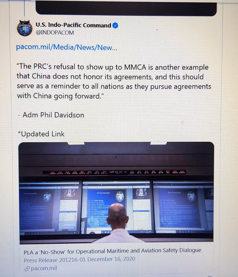 Trang Twitter của Bộ Tư lệnh Ấn Độ - Thái Bình Dương Mỹ đưa về vụ việc (Ảnh chụp màn hình).