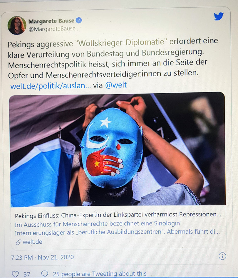 Bà Margarete Bause, nghị sĩ Đảng Xanh Liên bang Đức viết trên Twitter ngày 21/11: Hạ viện và chính phủ Đức cần lên án rõ ràng chính sách ngoại giao Chiến Lang của Bắc Kinh (Ảnh chụp màn hình),