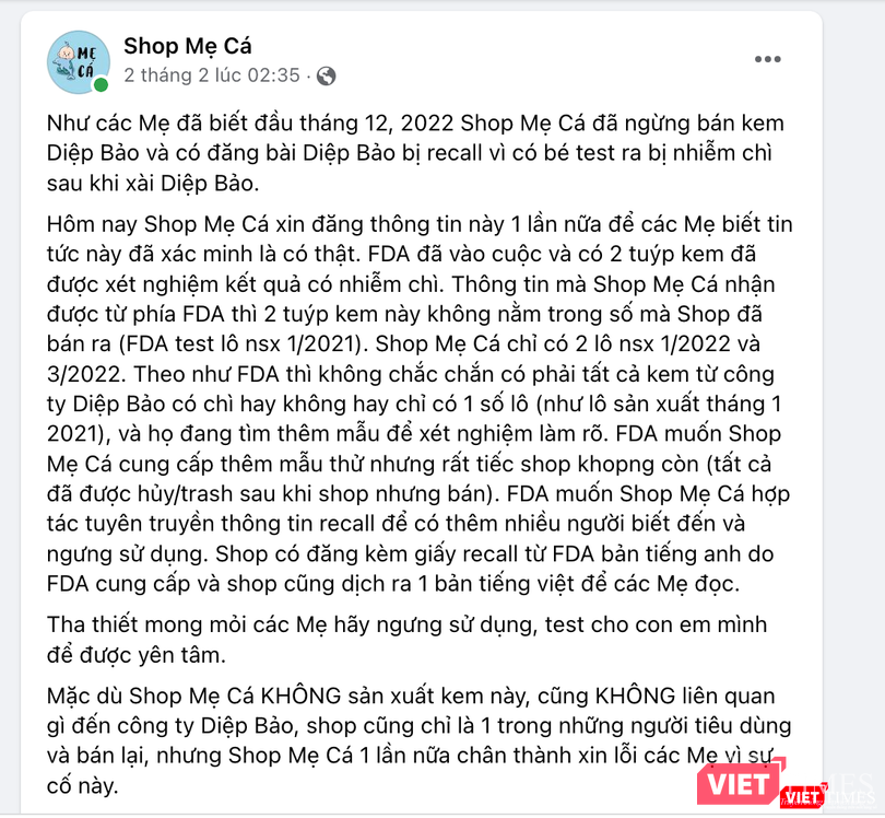 Shop Mẹ Cá thông tin về việc kem Diệp Bảo có chì