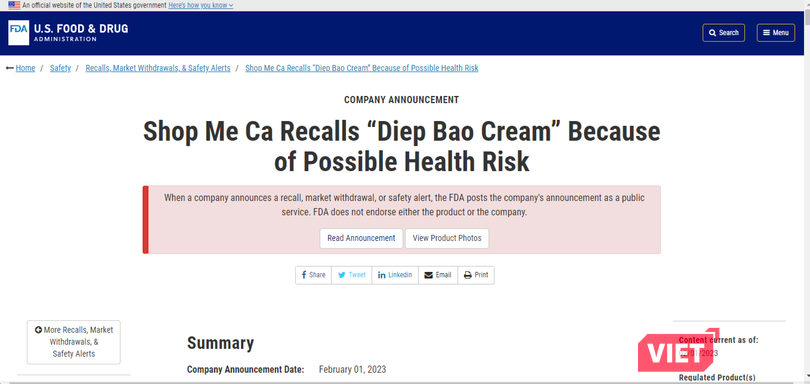 FDA thông báo thu hồi kem Diệp Bảo (ảnh chụp màn hình)