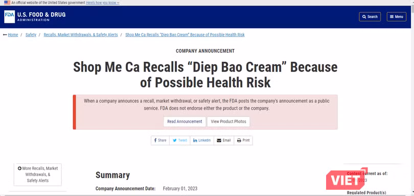 FDA thông báo thu hồi kem Diệp Bảo (ảnh chụp màn hình)