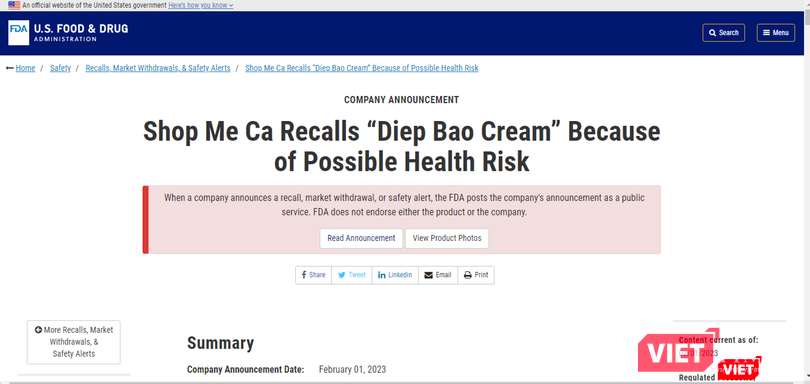 Thông báo của FDA về việc thu hồi kem Diệp Bảo do có chì