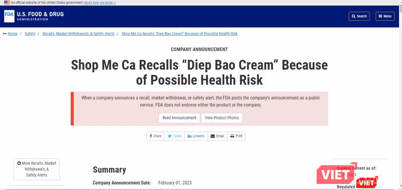 Thông báo của FDA về việc thu hồi kem Diệp Bảo do có chì