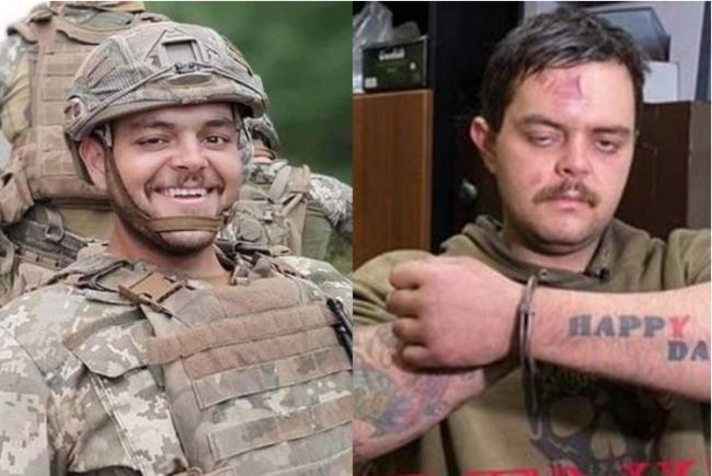 Aizeen Aslin khi khoác áo lính Azov và sau khi bị bắt (phải).