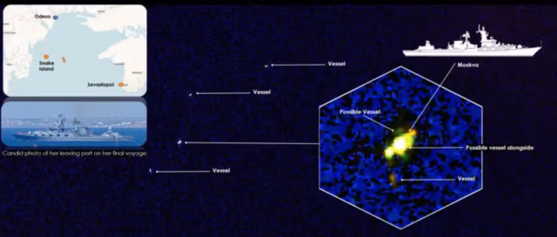 Hình ảnh vệ tinh chụp tàu Moskva đang cháy và vị trí nơi tàu bị chìm.