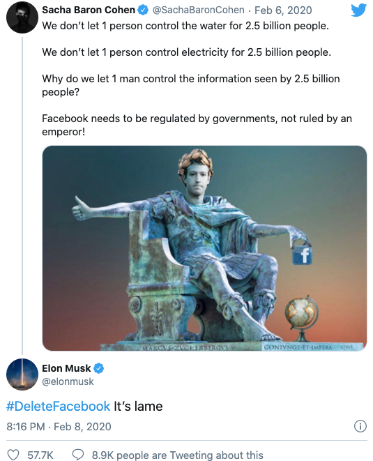 Musk chia sẻ tweet của diễn viên người Anh Sacha Baron Cohen kèm hashtag #DeleteFacebook. Musk chia sẻ tweet của diễn viên người Anh Sacha Baron Cohen kèm hashtag #DeleteFacebook.