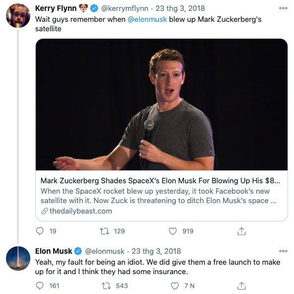 Musk nói mình là "kẻ ngốc" khi đã nhận lời phóng vệ tinh cho Facebook. Musk nói mình là "kẻ ngốc" khi đã nhận lời phóng vệ tinh cho Facebook.