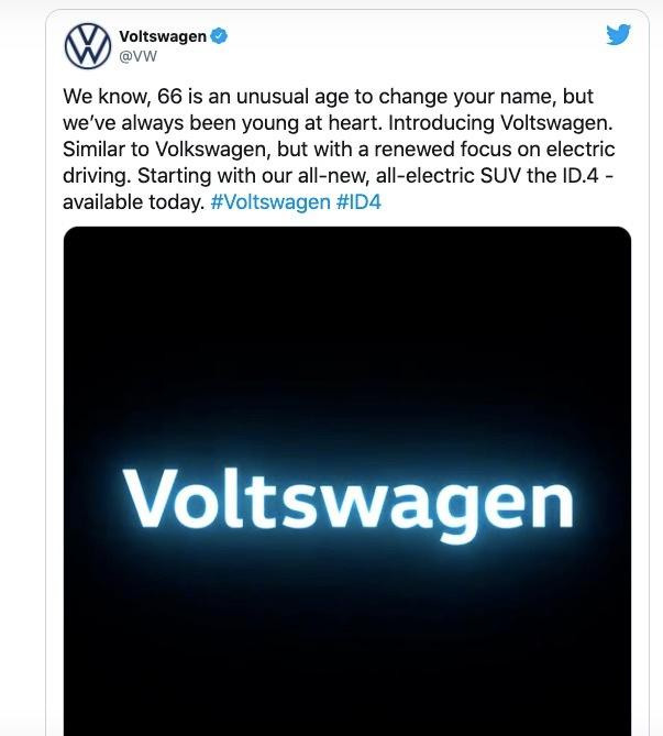 Sáng 30/3, hãng Volkswagen vẫn đăng dòng trạng thái kèm đoạn video về tên mới của hãng này lên trang Twitter. Ảnh: Twitter