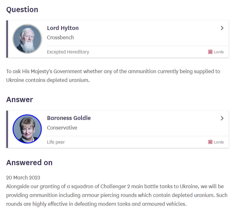 Thứ trưởng Bộ Quốc phòng Anh trả lời chất vấn của thành viên Thượng viện Anh. Ảnh South Front.