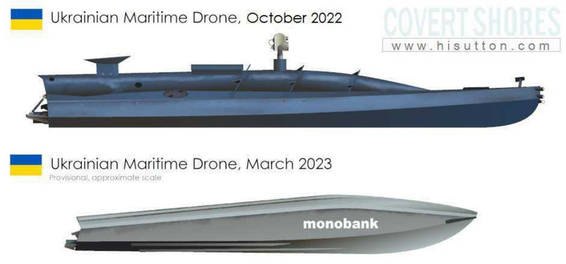 USV mang bom của hải quân Ukraine, phiên bản năm 2022 và phiên bản mới năm 2023. Ảnh HI Sutton. USV mang bom của hải quân Ukraine, phiên bản năm 2022 và phiên bản mới năm 2023. Ảnh HI Sutton.