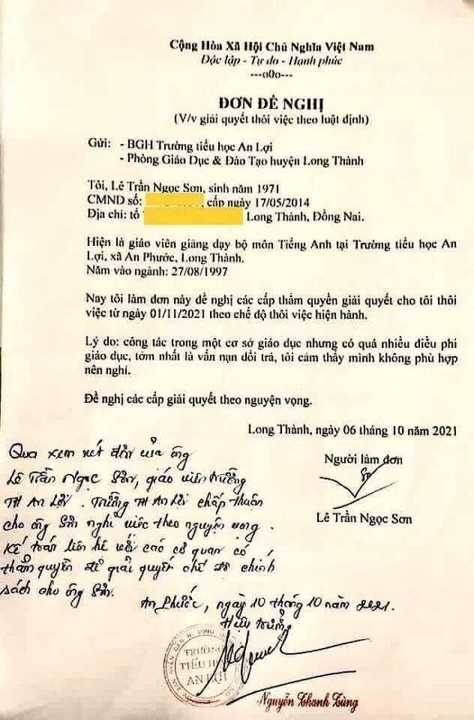 Đơn đề nghị thôi việc của giáo viên Lê Trần Ngọc Sơn