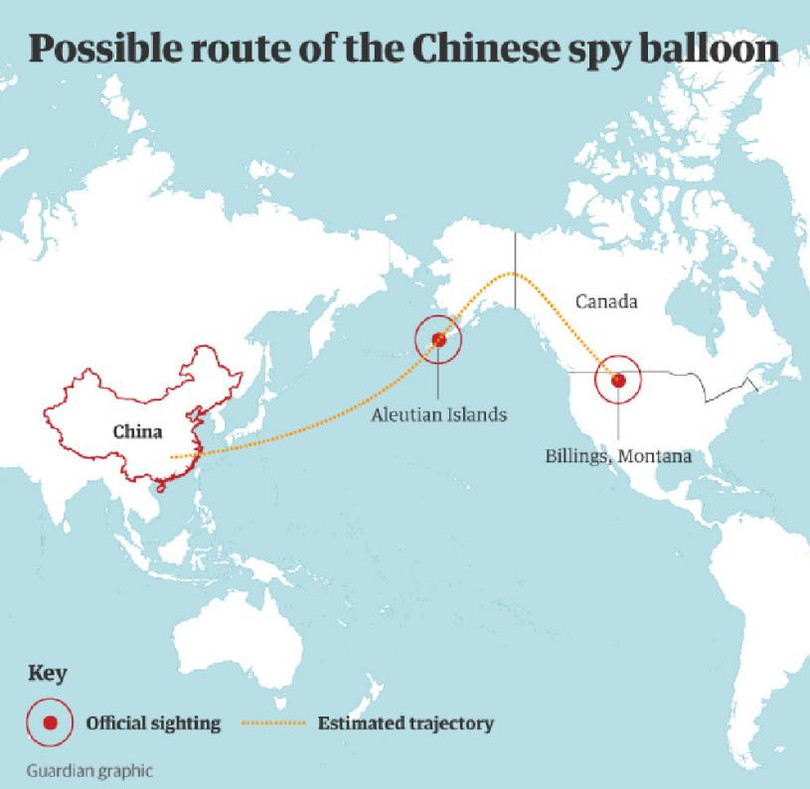 Đường bay của khí cầu cho đến thời điểm bị phát hiện ở Montana (Ảnh: Theguardian).
