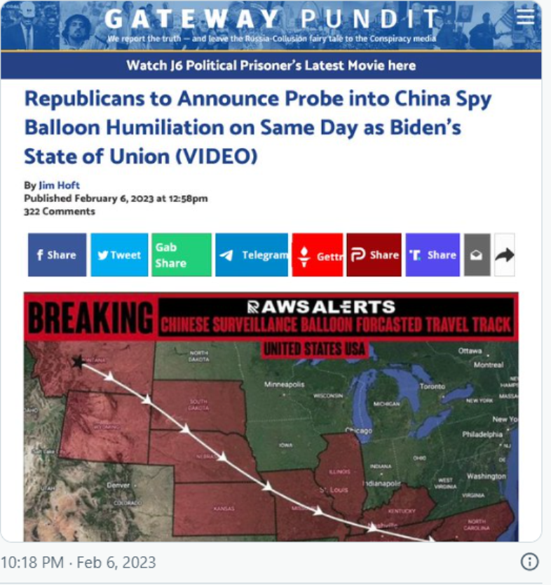 Bài viết của Gateway Pundit về hành trình của "khí cầu do thám" Trung Quốc. Bài viết của Gateway Pundit về hành trình của "khí cầu do thám" Trung Quốc.