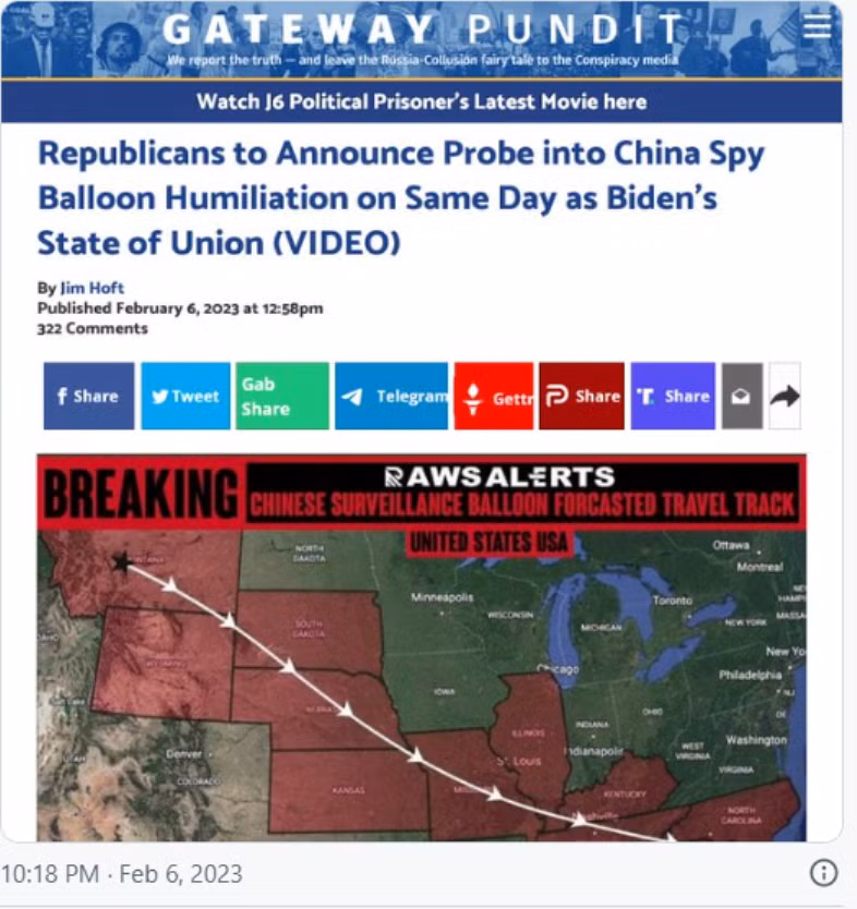 Bài viết của Gateway Pundit về hành trình của "khí cầu do thám" Trung Quốc.