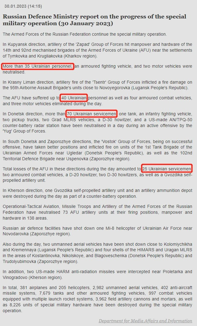Báo cáo tình hình chiến sự hàng ngày (ngày 30/1) của Quân đội Nga công bố cho báo chí.
