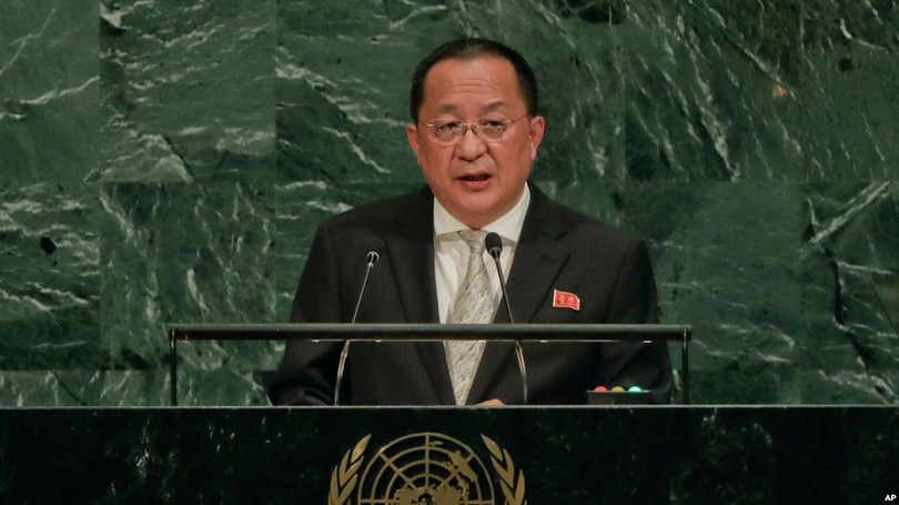 Bộ trưởng Ngoại giao Triều Tiên Ri Yong Ho phát biểu tại Đại hội đồng Liên Hiệp Quốc ở thành phố New York, ngày 23/9/2017.