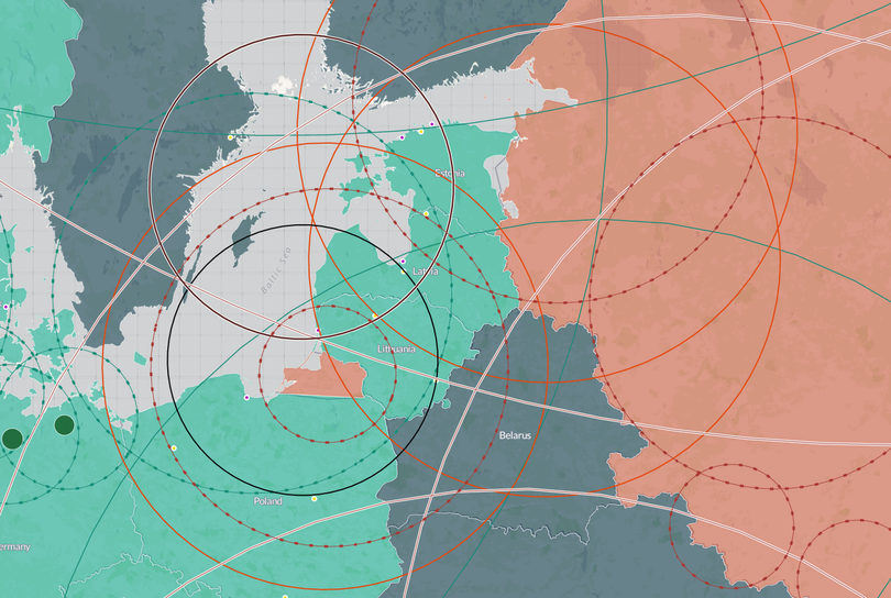Tấm bản đồ thể hiện tầm bắn các loại vũ khí của Nga và NATO ở châu Âu