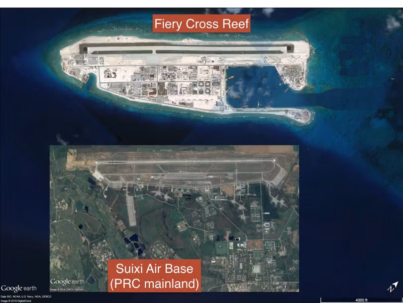 Đá Chữ Thập sau khi được cải tạo thành đảo nhân tạo có diện tích lớn nhất Trường Sa với một đường băng dài 3km và các nhà chứa máy bay
