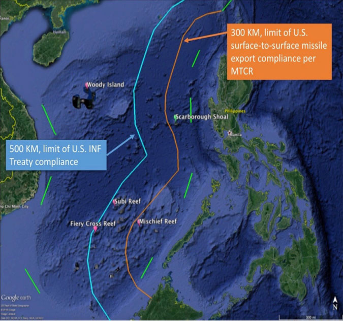 Đường kẻ màu vàng là giới hạn tầm bắn 300 km của tên lửa diện đối diện của Mỹ theo quy định của MTCR. Đường kẻ màu xanh da trời là giới hạn tầm bắn 500 km của tên lửa diện đối diện của Mỹ theo quy định của INF