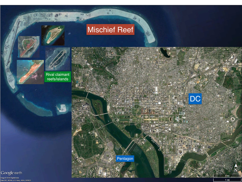 Đá Vành Khăn đã bị Trung Quốc bồi lấp phi pháp thành đảo nhân tạo với đường băng, các công trình quân sự kiên cố