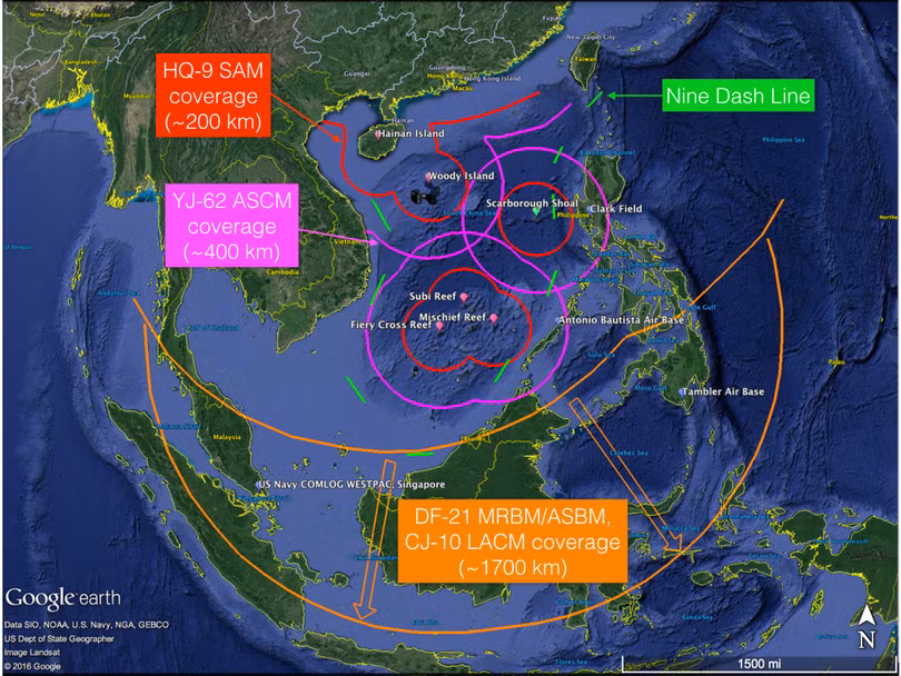 Tầm bắn các loại tên lửa Trung Quốc triển khai ở Biển Đông