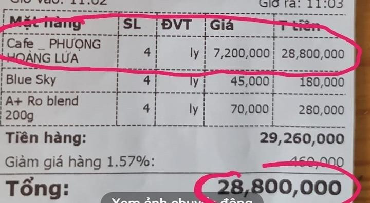 Hóa đơn thanh toán cà phê "Phượng Hoàng Lửa" gây sốc Hóa đơn thanh toán cà phê "Phượng Hoàng Lửa" gây sốc