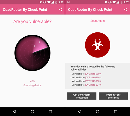 Giao diện công cụ quét tìm và phát hiện lỗ hổng bảo mật QuadRooter do CheckPoint phát hành.