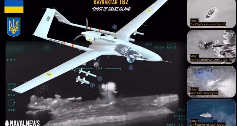 UAV Bayraktar TB2 và tàu không người lái thực ra là các robot quân sự được Ukraine sử dụng (Ảnh: Toutiao).