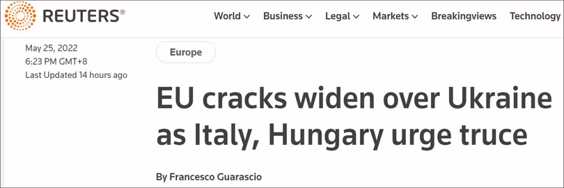 Bài viết của Reuters về sự bất đồng, chia rẽ trong nội bộ EU về vấn đề Ukraine.