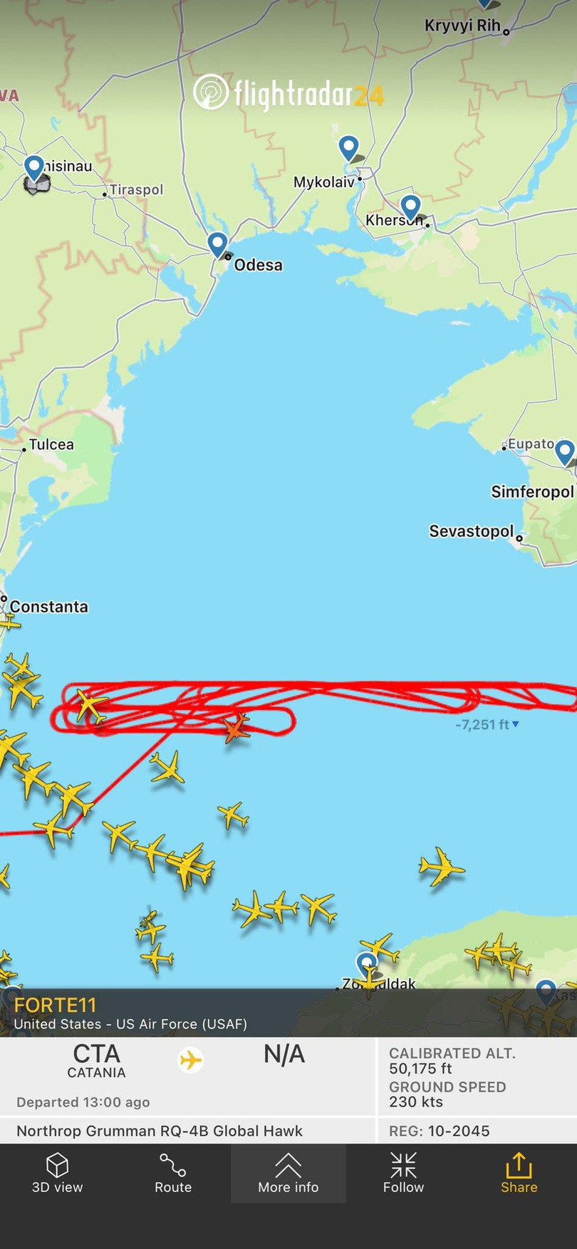 Sơ đồ đường bay của chiếc UAV RQ-4B của Không quân Mỹ thời điểm xảy ra vụ việc, theo trang Flightrada.