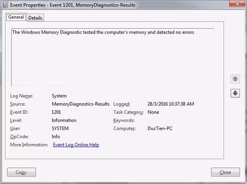 Event Viewer sẽ thông báo cho bạn biết về tình trạng của RAM.