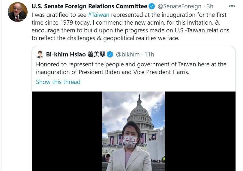 Chủ tịch Ủy ban Đối ngoại Thượng viện Mỹ ca ngợi ông Joe Biden mời đại diện Đài Loan tới dự Lễ nhậm chức (Ảnh:6do.news).