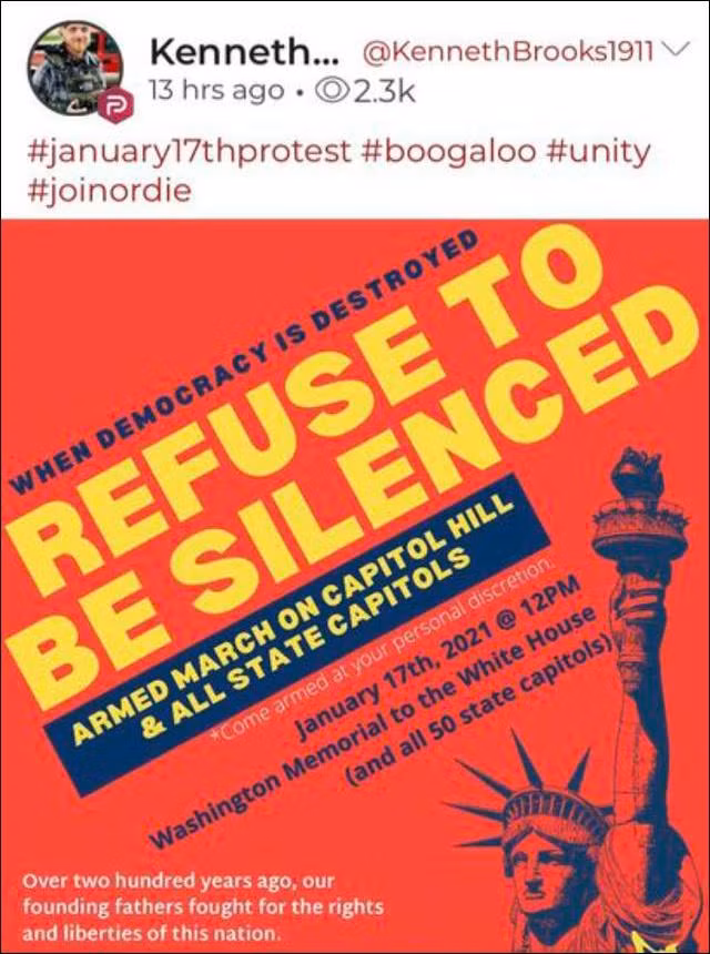 Phong trào cực hữu "Boogaloo" phát tán lời kêu gọi biểu tình vũ trang trên toàn nước Mỹ vào ngày 17/1 trên mạng xã hội (Ảnh: Guancha).