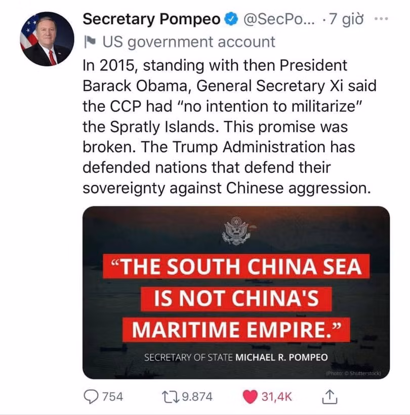 Một đoạn tweet của ông Mike Pompeo phê phán Trung Quốc nuốt lời hứa "không quân sự hóa Biển Đông" (Ảnh: Twitter).